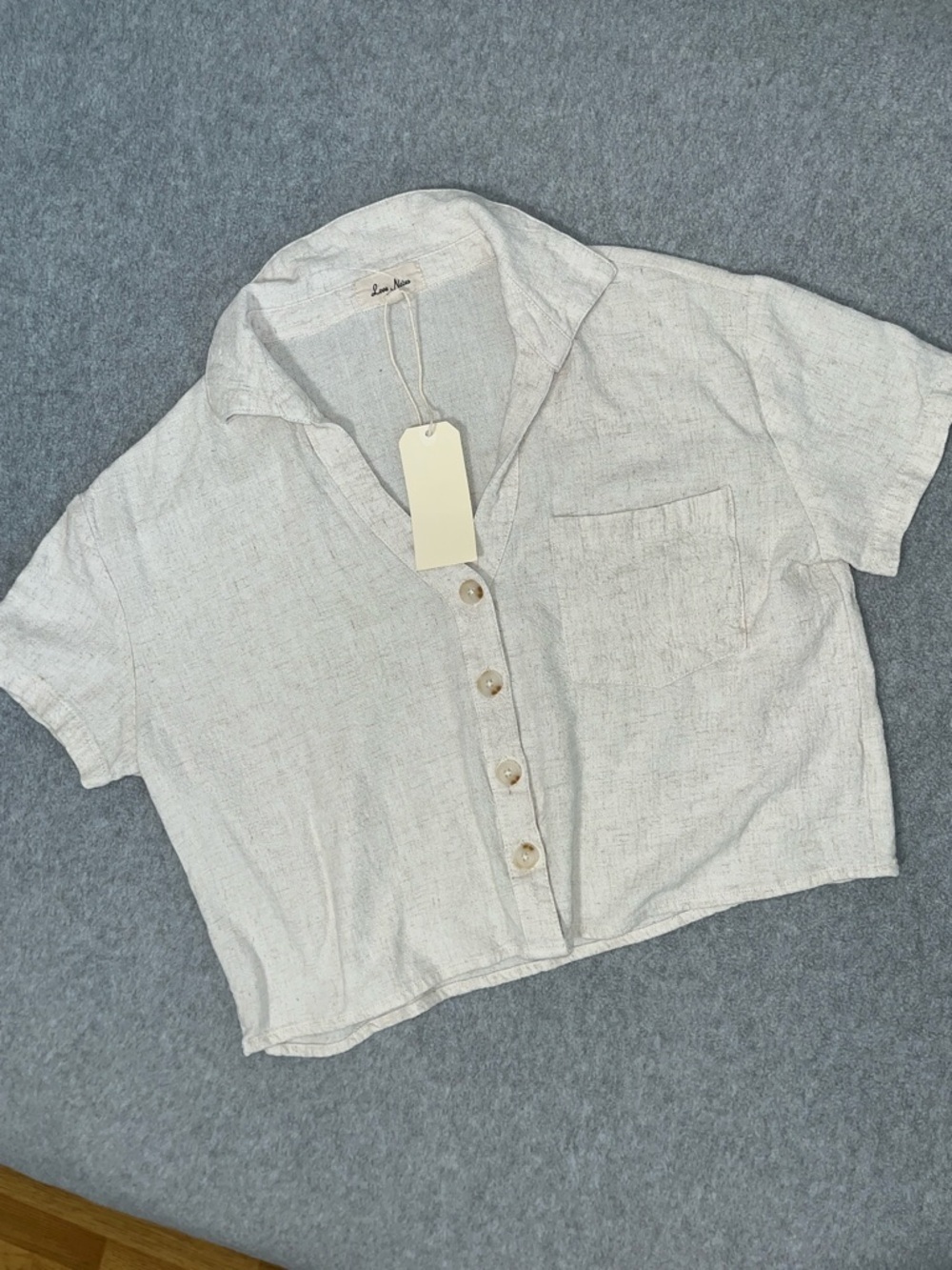 Womens Boho Cropped Linen Top Medium Button Coastal Beach